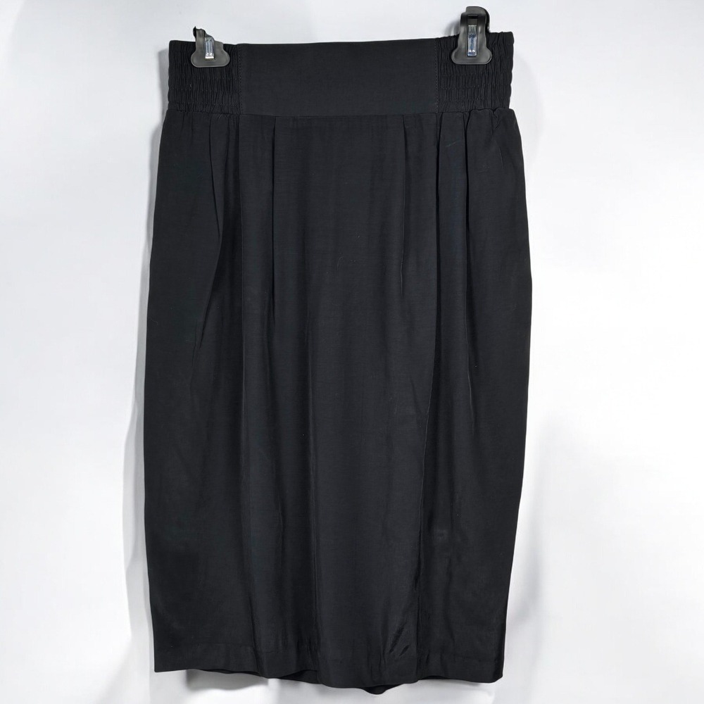 Vintage Citywear Black Midi Skirt Elastic Waist Pleated, Slit Women Medium USA‎